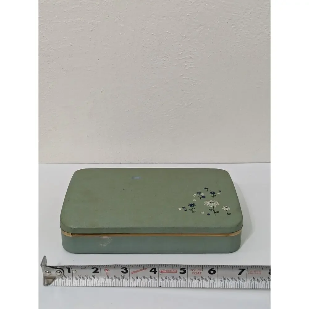 Vintage Farrington Jewelry Box Hinged Genuine Felt Lined Green Floral‎